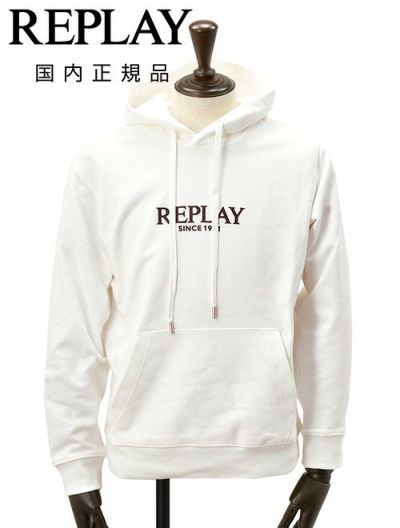 リプレイREPLAYプルオーバーパーカーメンズコットン100%スウェットホワイト白ブランドロゴデザインドローコードレギュラーフィット国内正規品でらでら公式ブランド
