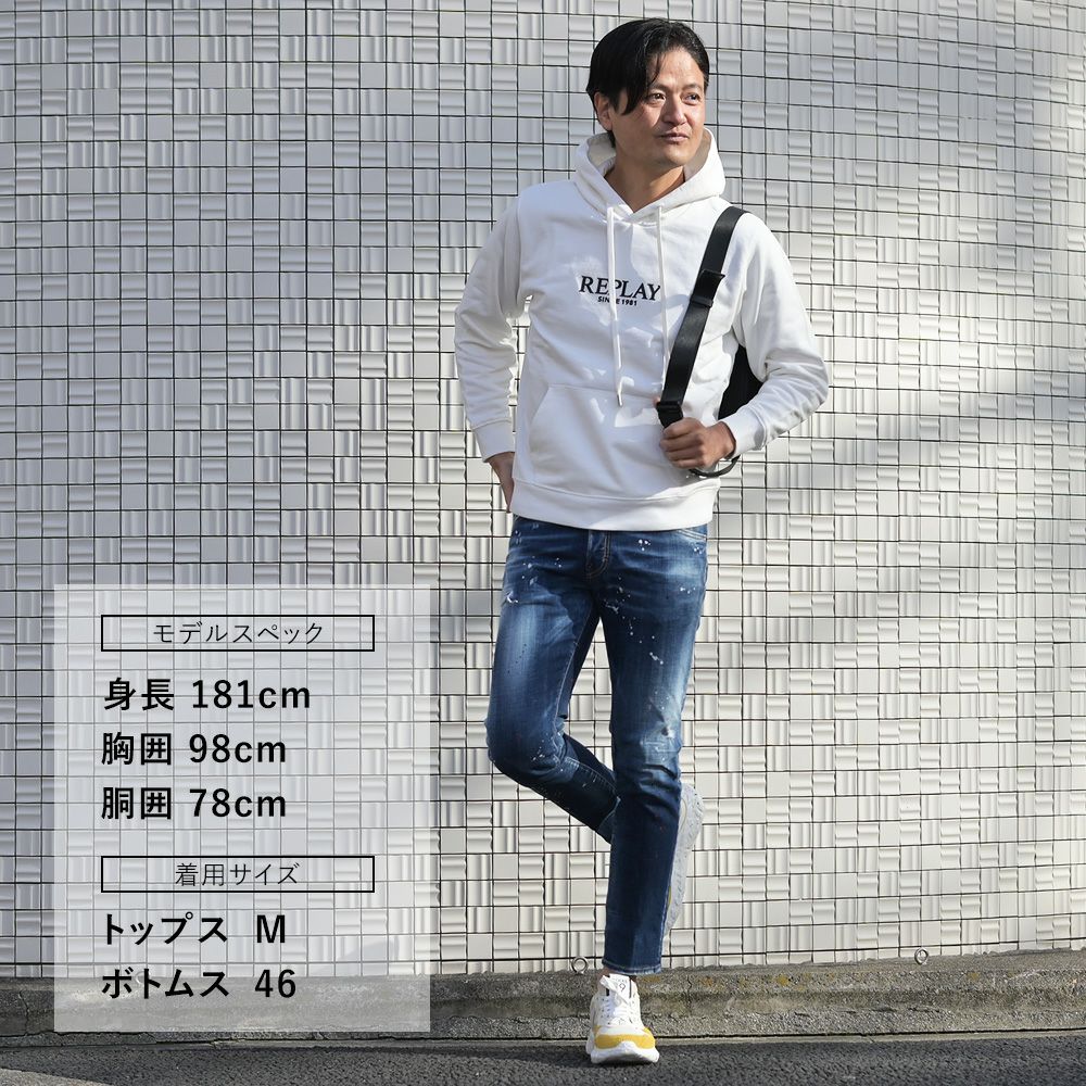 リプレイREPLAYプルオーバーパーカーメンズコットン100%スウェットホワイト白ブランドロゴデザインドローコードレギュラーフィット国内正規品でらでら公式ブランド