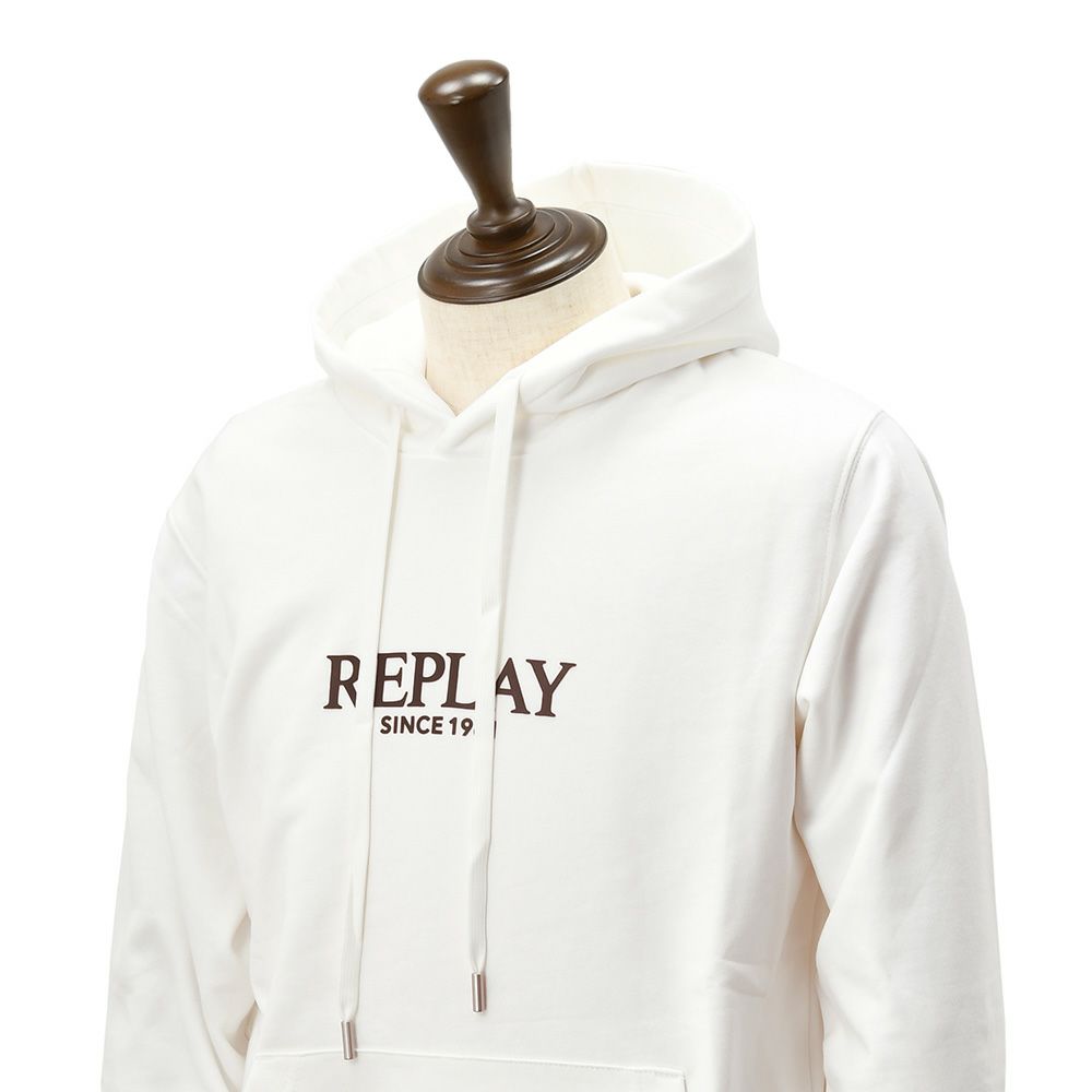 リプレイREPLAYプルオーバーパーカーメンズコットン100%スウェットホワイト白ブランドロゴデザインドローコードレギュラーフィット国内正規品でらでら公式ブランド
