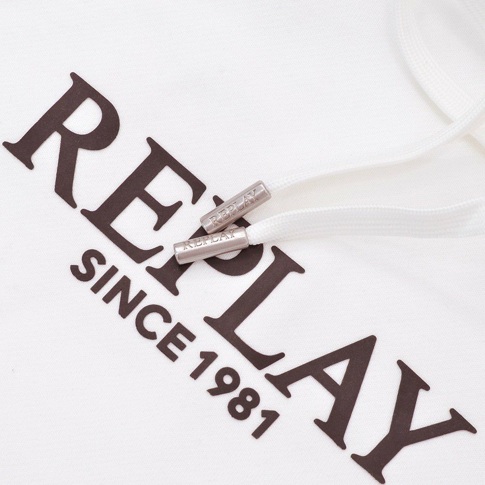 リプレイREPLAYプルオーバーパーカーメンズコットン100%スウェットホワイト白ブランドロゴデザインドローコードレギュラーフィット国内正規品でらでら公式ブランド