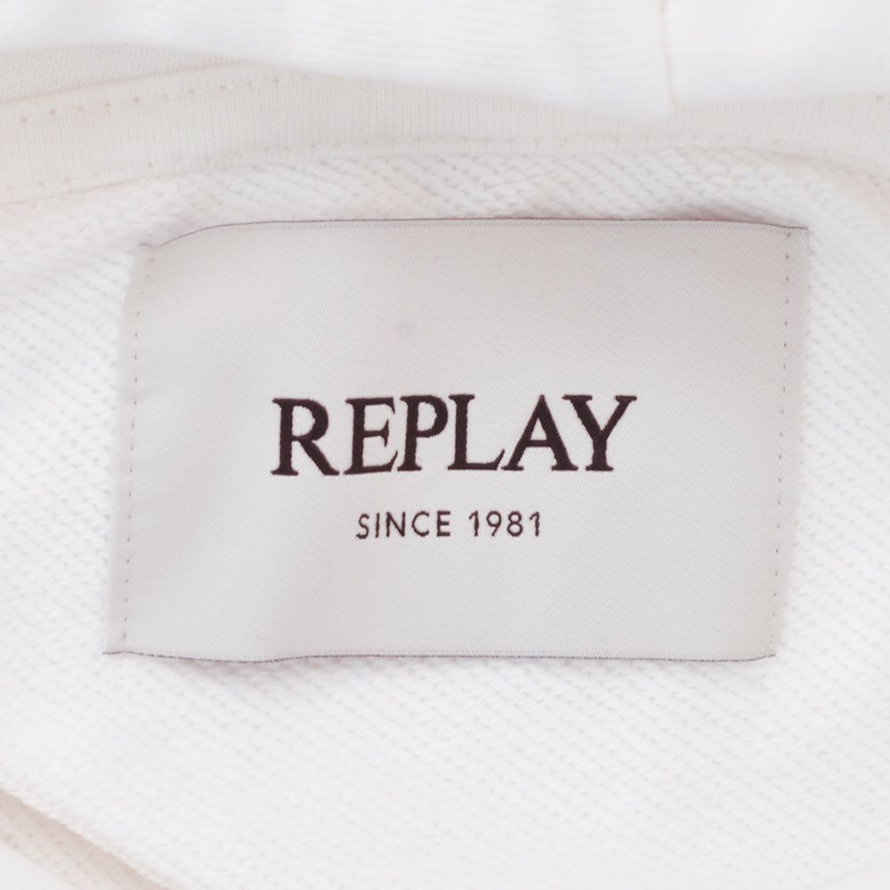 リプレイREPLAYプルオーバーパーカーメンズコットン100%スウェットホワイト白ブランドロゴデザインドローコードレギュラーフィット国内正規品でらでら公式ブランド