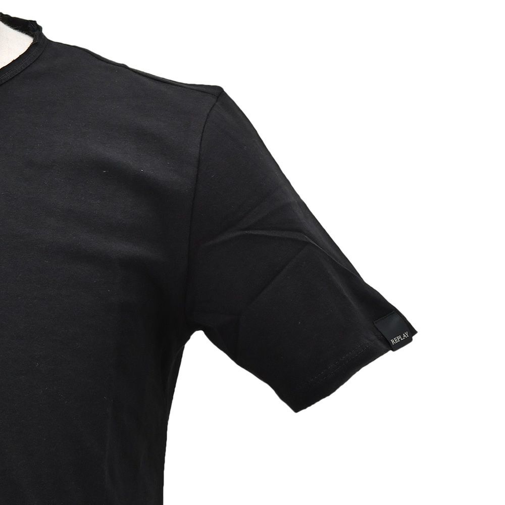 リプレイREPLAY半袖Tシャツメンズクルーネックカットソーダメージ風デザインコットンジャージーブラック黒左袖ブランド織りタグ薄手仕様レギュラーシルエット国内正規品でらでら公式ブランド