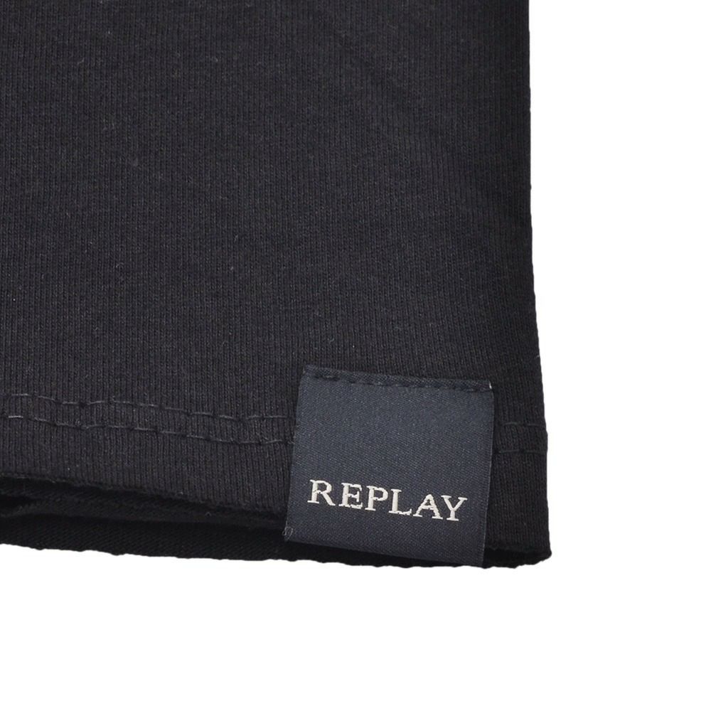 リプレイREPLAY半袖Tシャツメンズクルーネックカットソーダメージ風デザインコットンジャージーブラック黒左袖ブランド織りタグ薄手仕様レギュラーシルエット国内正規品でらでら公式ブランド