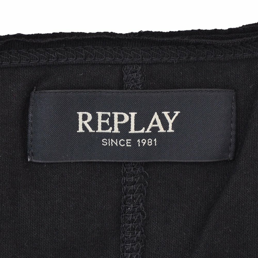 リプレイREPLAY半袖Tシャツメンズクルーネックカットソーダメージ風デザインコットンジャージーブラック黒左袖ブランド織りタグ薄手仕様レギュラーシルエット国内正規品でらでら公式ブランド