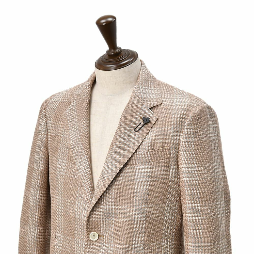 【preSALE!20%off】ラルディーニLARDINIカジュアルジャケットメンズ2Bジャケットコットンリネンブラウン×ホワイトROMAブート二エール付アンフィニッシュ袖ボタン付け代金込みチェック柄国内正規品でらでら公式ブランド