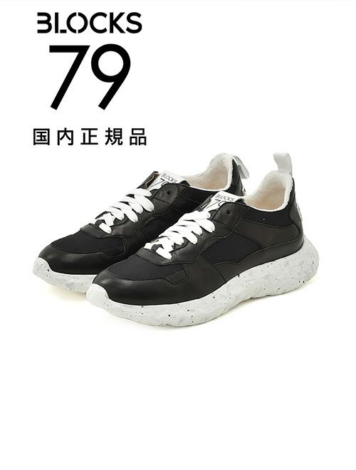 ブロックス79BLOCKS79レザースニーカーメンズレースアップシューズCOBIモデルブラックナンバリング風デザインブラック黒厚底ソール国内正規品でらでら公式ブランド