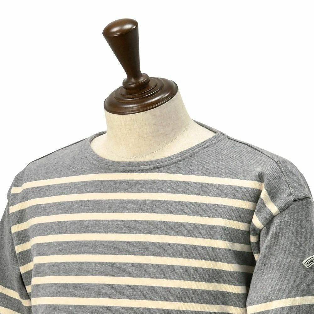 カネルKANELLバスクシャツメンズ長袖ニットソーボナパルトBONAPARTEクルーネックメランジグレー×エクリュボーダーオーガニックコットンヴィンテージリブ国内正規品でらでら公式ブランド