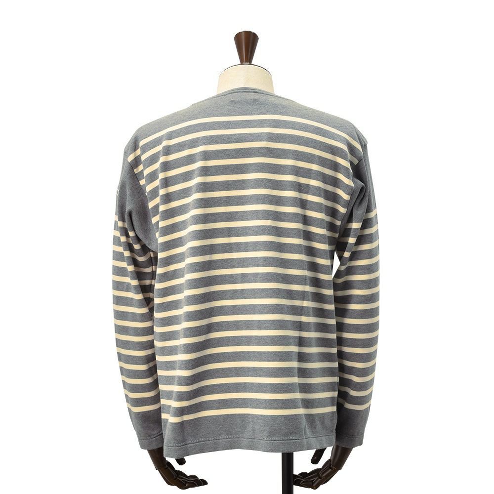 カネルKANELLバスクシャツメンズ長袖ニットソーボナパルトBONAPARTEクルーネックメランジグレー×エクリュボーダーオーガニックコットンヴィンテージリブ国内正規品でらでら公式ブランド