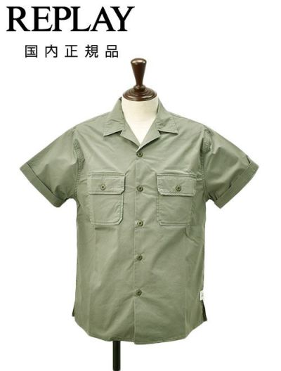リプレイREPLAYサファリシャツメンズM4116半袖シャツオリーブグレーコットンポリオープンカラーシャツボックスシルエット国内正規品でらでら公式ブランド
