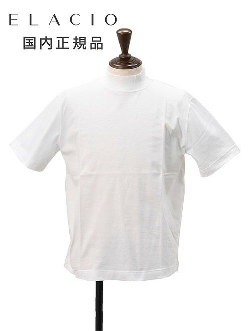 エラシオELACIOモックネック半袖Tシャツメンズショートスリーブカットソーコットンスムースジャージーホワイト白無地デザインレギュラーシルエット国内正規品でらでら公式ブランド