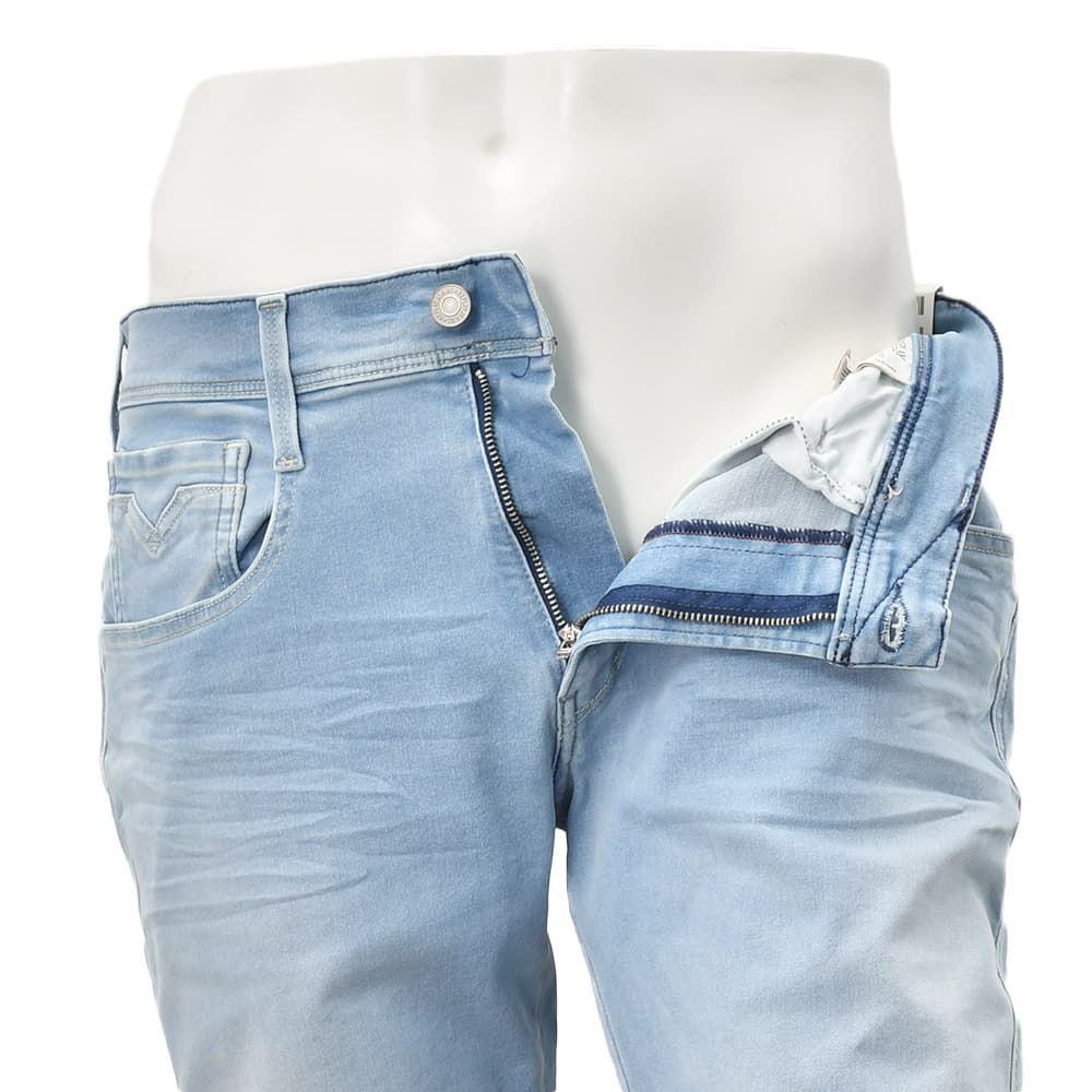 リプレイREPLAYデニムパンツメンズANBASSアンバスHYPERFLEXRE-USEDハイパーフレックスリユーズドライトブルーウォッシュスリムフィットレザーパッチ国内正規品でらでら公式ブランド