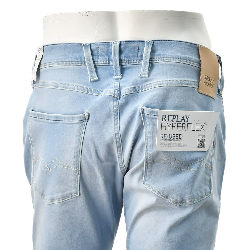 リプレイREPLAYデニムパンツメンズANBASSアンバスHYPERFLEXRE-USEDハイパーフレックスリユーズドライトブルーウォッシュスリムフィットレザーパッチ国内正規品でらでら公式ブランド
