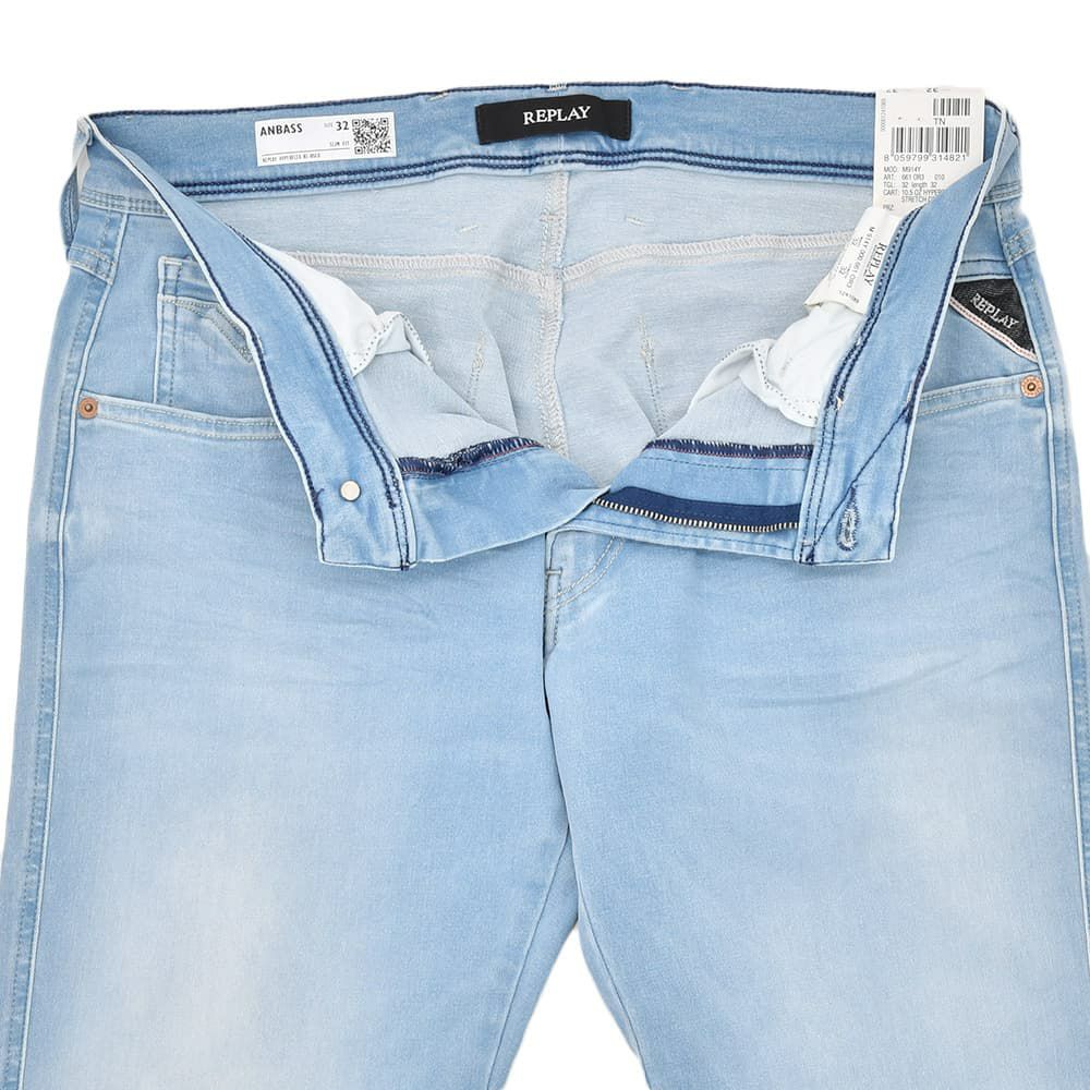 リプレイREPLAYデニムパンツメンズANBASSアンバスHYPERFLEXRE-USEDハイパーフレックスリユーズドライトブルーウォッシュスリムフィットレザーパッチ国内正規品でらでら公式ブランド