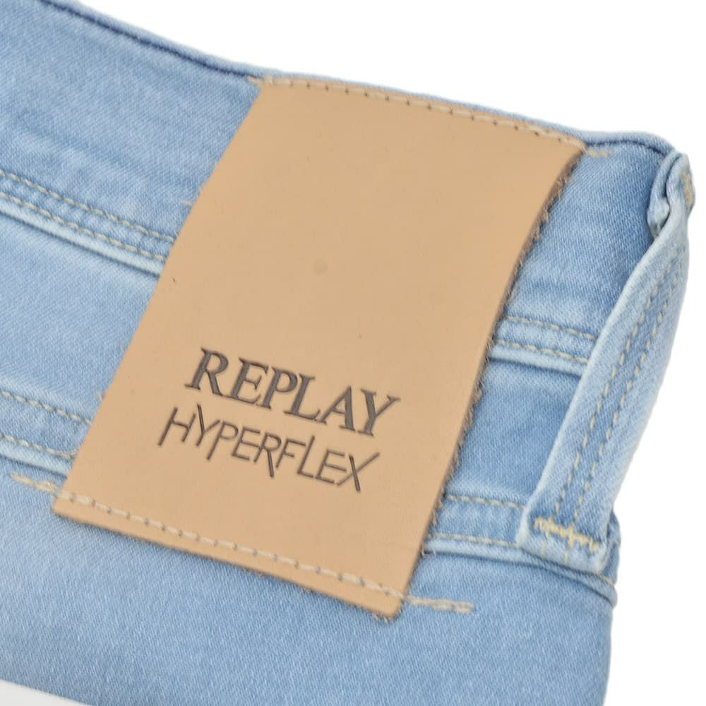 リプレイREPLAYデニムパンツメンズANBASSアンバスHYPERFLEXRE-USEDハイパーフレックスリユーズドライトブルーウォッシュスリムフィットレザーパッチ国内正規品でらでら公式ブランド