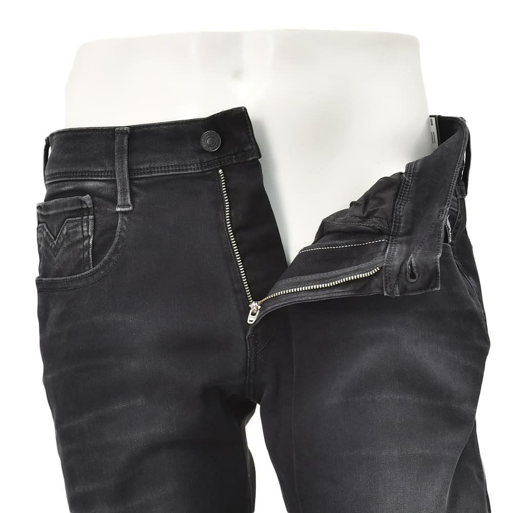 リプレイREPLAYデニムパンツメンズANBASSアンバスHYPERFLEXハイパーフレックスブラックウォッシュスリムフィットレザーパッチ国内正規品でらでら公式ブランド