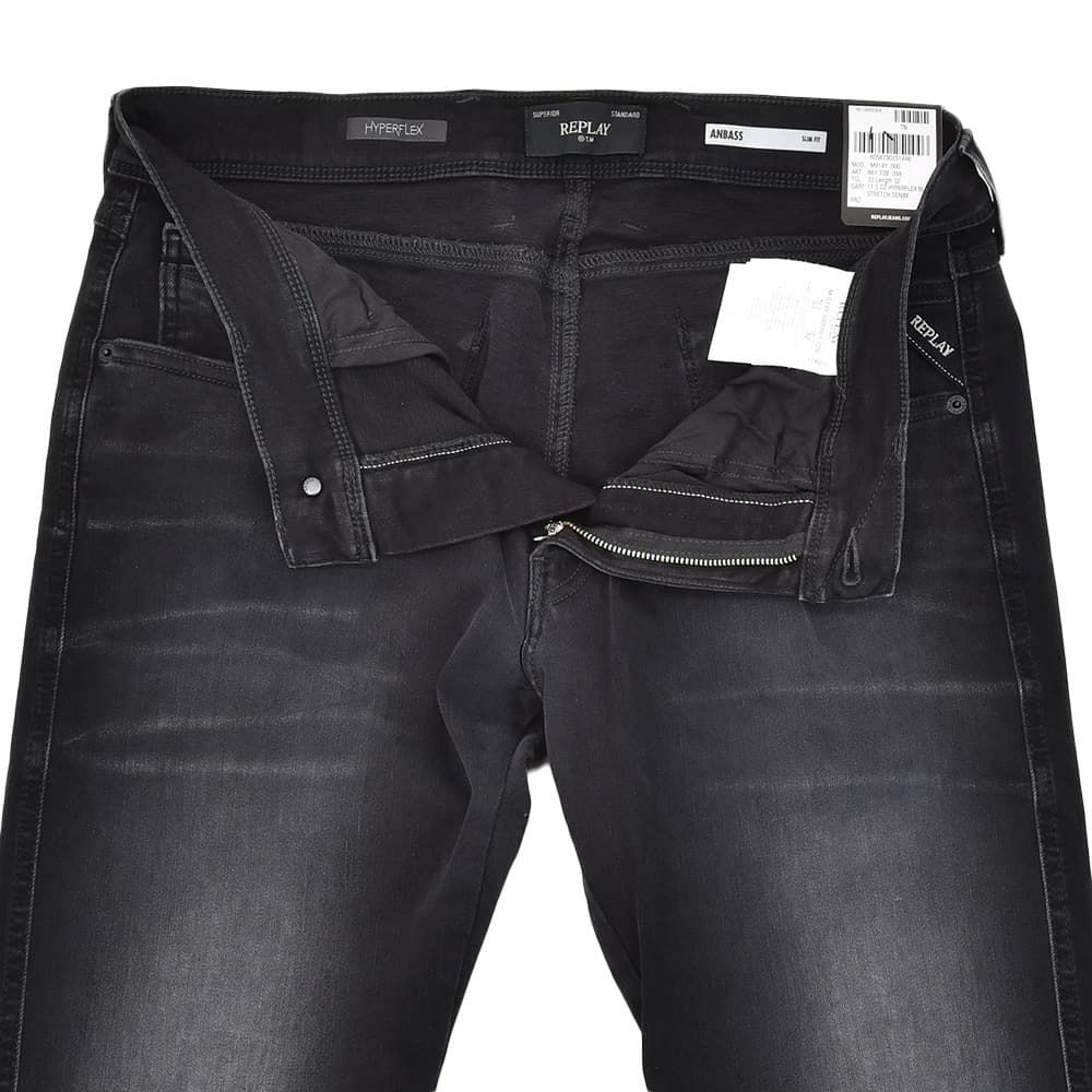 リプレイREPLAYデニムパンツメンズANBASSアンバスHYPERFLEXハイパーフレックスブラックウォッシュスリムフィットレザーパッチ国内正規品でらでら公式ブランド