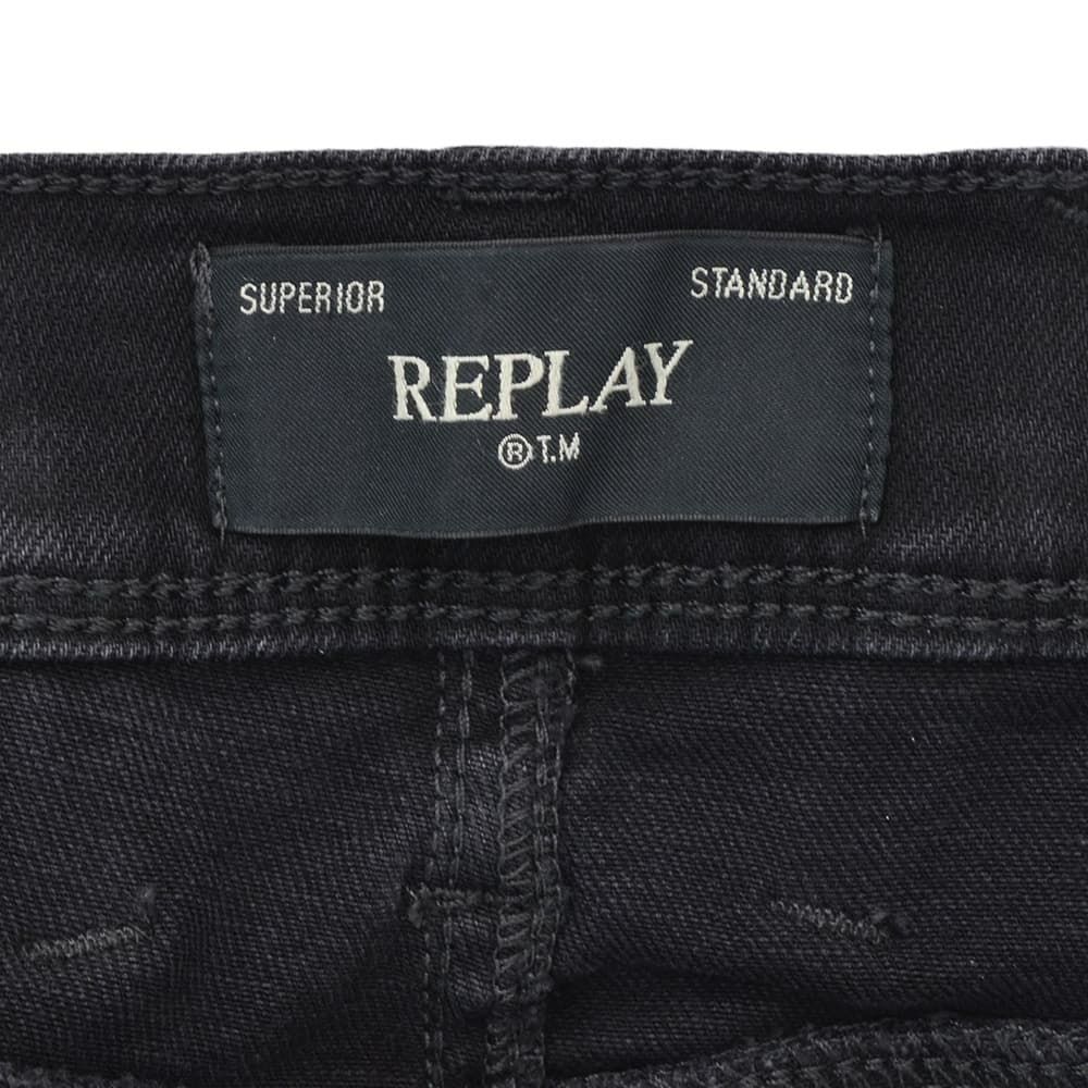 リプレイREPLAYデニムパンツメンズANBASSアンバスHYPERFLEXハイパーフレックスブラックウォッシュスリムフィットレザーパッチ国内正規品でらでら公式ブランド