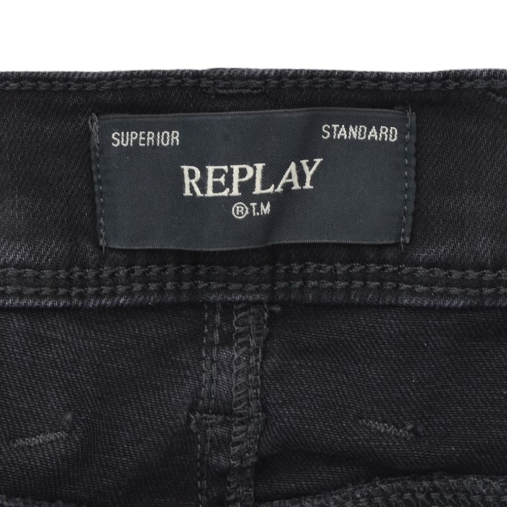 リプレイREPLAYデニムパンツメンズANBASSアンバスHYPERFLEXハイパーフレックスブラックウォッシュスリムフィットレザーパッチ国内正規品でらでら公式ブランド