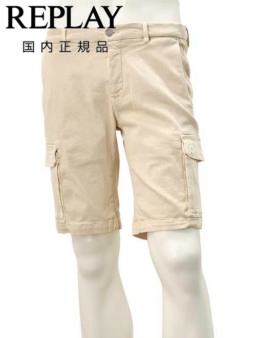 リプレイREPLAYカーゴショーツメンズストレッチハーフパンツHYPERFLEXX.L.I.T.E.ハイパーフレックスベージュVANNIEレギュラーフィットコットンツイル生地国内正規品でらでら公式ブランド