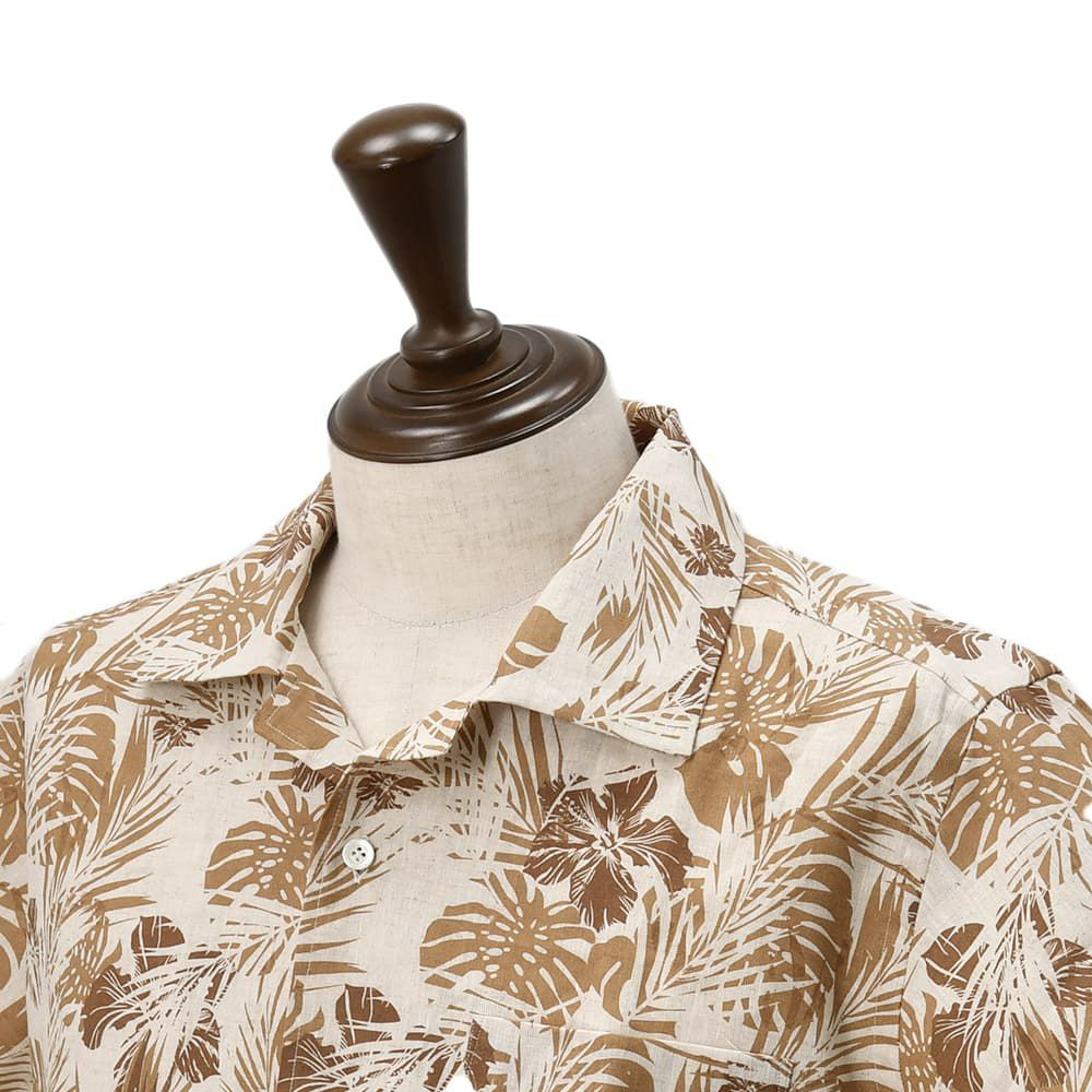 ジャンネットGIANNETTO半袖開襟シャツメンズMARACAIBOマラカイボオープンカラーベージュ×ブラウンリネンコットン生地ボタニカル柄アロハシャツイタリア製国内正規品でらでら公式ブランド