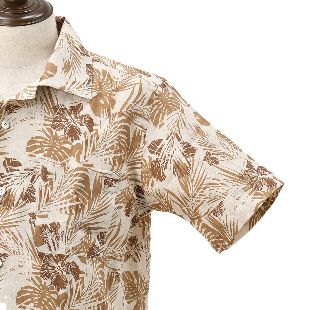 ジャンネットGIANNETTO半袖開襟シャツメンズMARACAIBOマラカイボオープンカラーベージュ×ブラウンリネンコットン生地ボタニカル柄アロハシャツイタリア製国内正規品でらでら公式ブランド