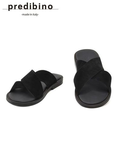 プレディビーノPREDIBINOスリッパ型サンダルメンズスエードレザークロスデザイン1730モデルブラック黒レザーソールフットベッド仕様イタリア製でらでら公式ブランド
