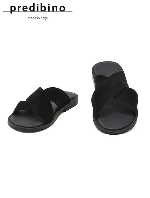 プレディビーノPREDIBINOスリッパ型サンダルメンズスエードレザークロスデザイン1730モデルブラック黒レザーソールフットベッド仕様イタリア製でらでら公式ブランド