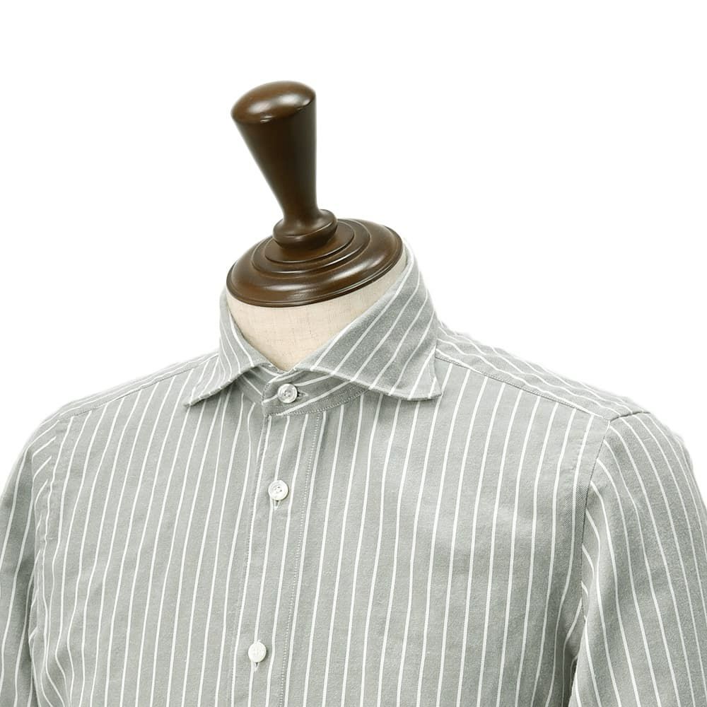 フィナモレFinamore長袖カジュアルシャツメンズSIMONEシモーネコットン生地オリーブグレーストライプブランドロゴ入り貝釦製品洗いカッタウェイ襟国内正規品でらでら公式ブランド