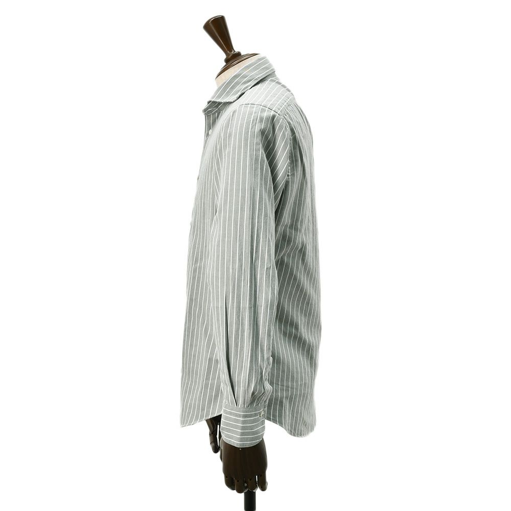 フィナモレFinamore長袖カジュアルシャツメンズSIMONEシモーネコットン生地オリーブグレーストライプブランドロゴ入り貝釦製品洗いカッタウェイ襟国内正規品でらでら公式ブランド