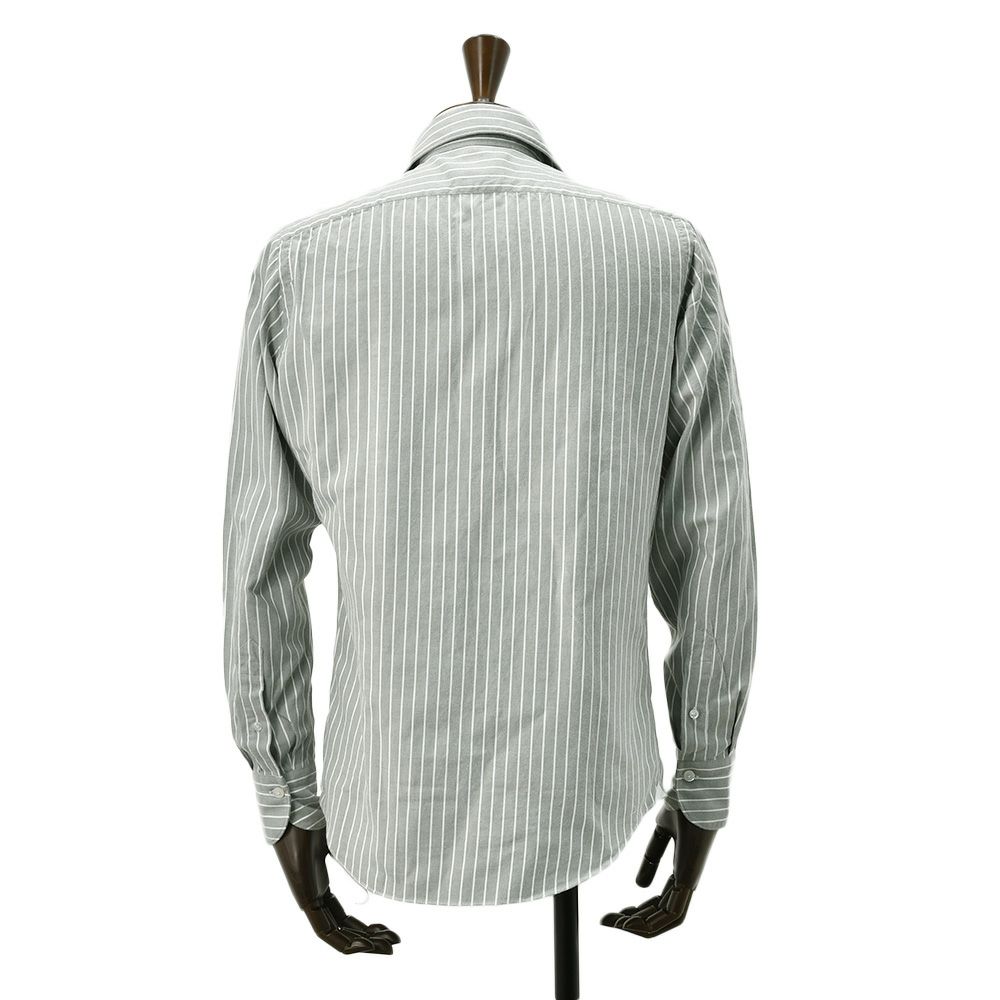 フィナモレFinamore長袖カジュアルシャツメンズSIMONEシモーネコットン生地オリーブグレーストライプブランドロゴ入り貝釦製品洗いカッタウェイ襟国内正規品でらでら公式ブランド