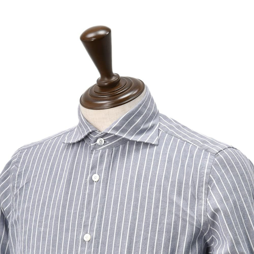 フィナモレFinamore長袖カジュアルシャツメンズSIMONEシモーネコットン生地ブルーグレーストライプブランドロゴ入り貝釦製品洗いカッタウェイ襟国内正規品でらでら公式ブランド