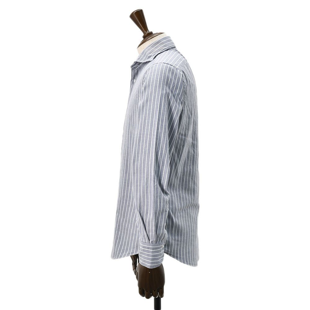 フィナモレFinamore長袖カジュアルシャツメンズSIMONEシモーネコットン生地ブルーグレーストライプブランドロゴ入り貝釦製品洗いカッタウェイ襟国内正規品でらでら公式ブランド