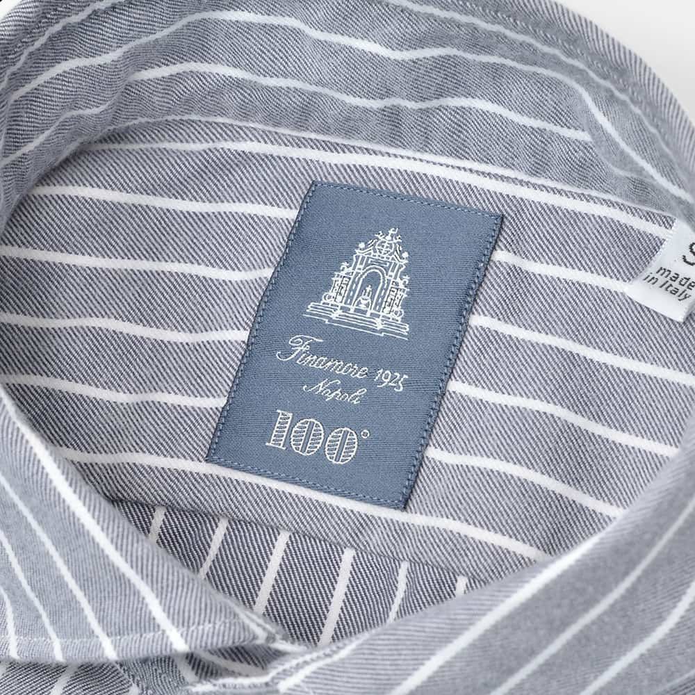 フィナモレFinamore長袖カジュアルシャツメンズSIMONEシモーネコットン生地ブルーグレーストライプブランドロゴ入り貝釦製品洗いカッタウェイ襟国内正規品でらでら公式ブランド