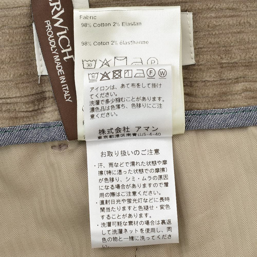 ベルウィッチBERWICHチノスラックスメンズコーデュロイパンツスコッチSCOTCHコットングレージュワイドシルエットサイドアジャスター調節国内正規品でらでら公式ブランド