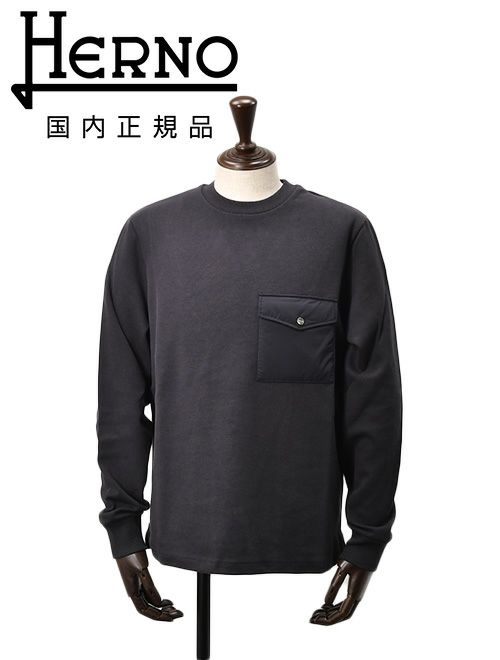 ヘルノリゾートHERNORESORT長袖トレーナーメンズスウェットシャツJG00041URコットンネイビー紺クルーネックロゴプレート胸ポケット国内正規品でらでら公式ブランド