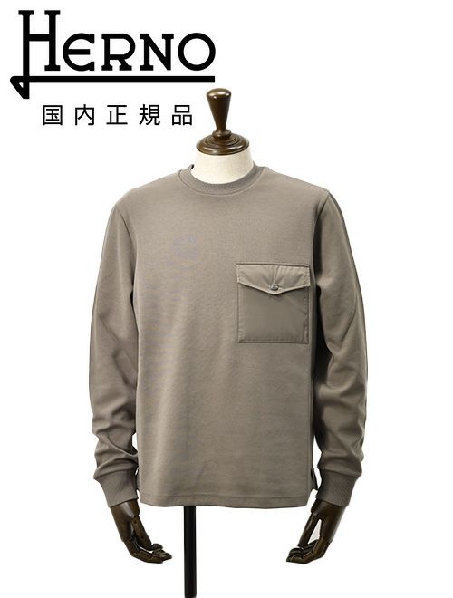ヘルノリゾートHERNORESORT長袖トレーナーメンズスウェットシャツJG00041URコットングレーブラウンベージュクルーネックロゴプレート胸ポケット国内正規品でらでら公式ブランド