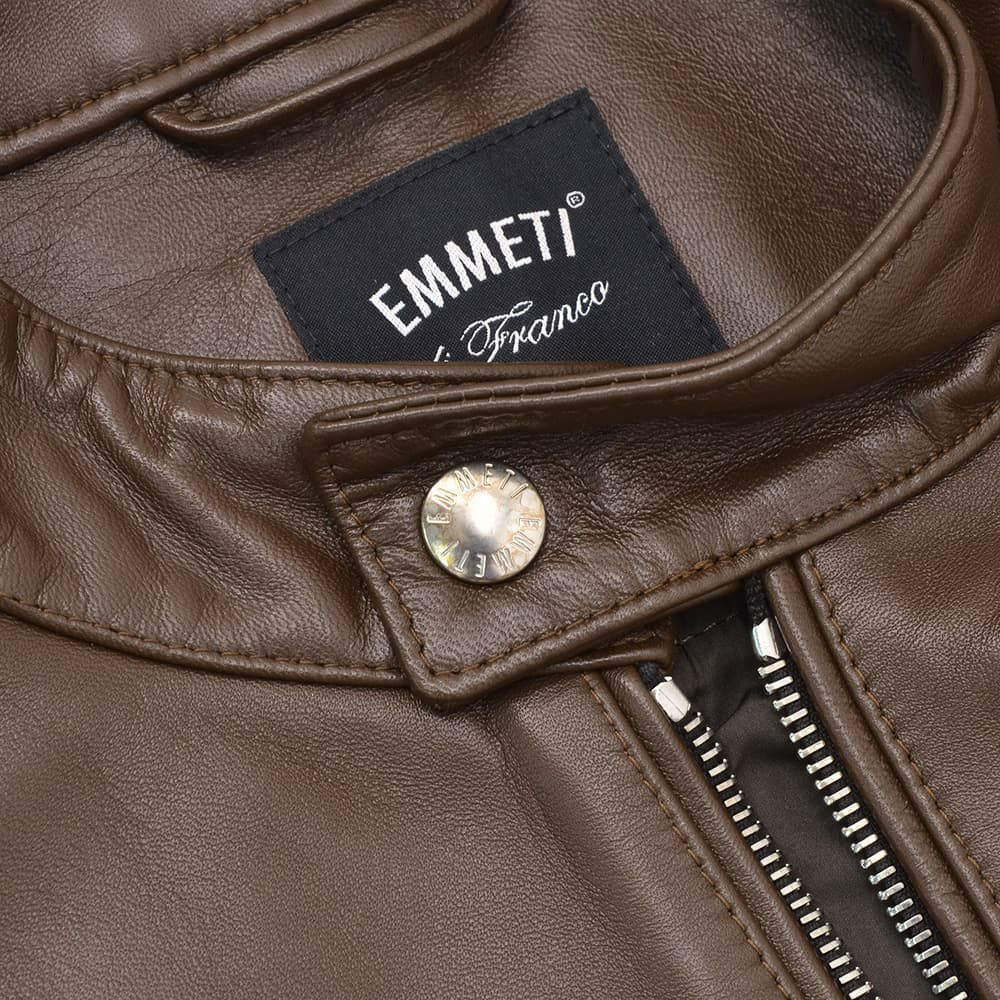 エンメティEMMETIシングルライダースジャケットメンズレザーブルゾンJURIユリスペシャルラムナッパレザーブラウン茶ショート丈数量限定国内正規品でらでら公式ブランド