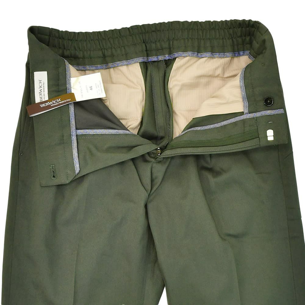 ベルウィッチBERWICHチノスラックスメンズベルトBERTOコットンパンツオリーブグリーン1プリーツシャーリング仕様サイドアジャスター釦国内正規品でらでら公式ブランド