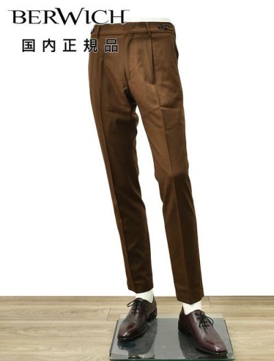 ベルウィッチBERWICHウールスラックスメンズBERTOベルト1プリーツパンツライトフランネル生地レッドブラウンシャーリング仕様サイドアジャスター釦国内正規品でらでら公式ブランド