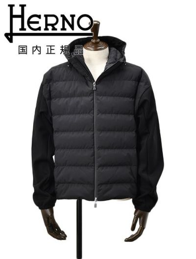 【ポイント8倍11/119:59まで】ヘルノHERNOハイブリッドダウンメンズJP000112Uポリエステルブラック黒切り替えデザイン一体型フードルーズフィット国内正規品でらでら公式ブランド