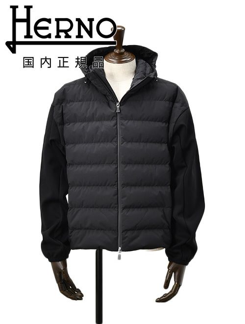 【ポイント8倍11/119:59まで】ヘルノHERNOハイブリッドダウンメンズJP000112Uポリエステルブラック黒切り替えデザイン一体型フードルーズフィット国内正規品でらでら公式ブランド