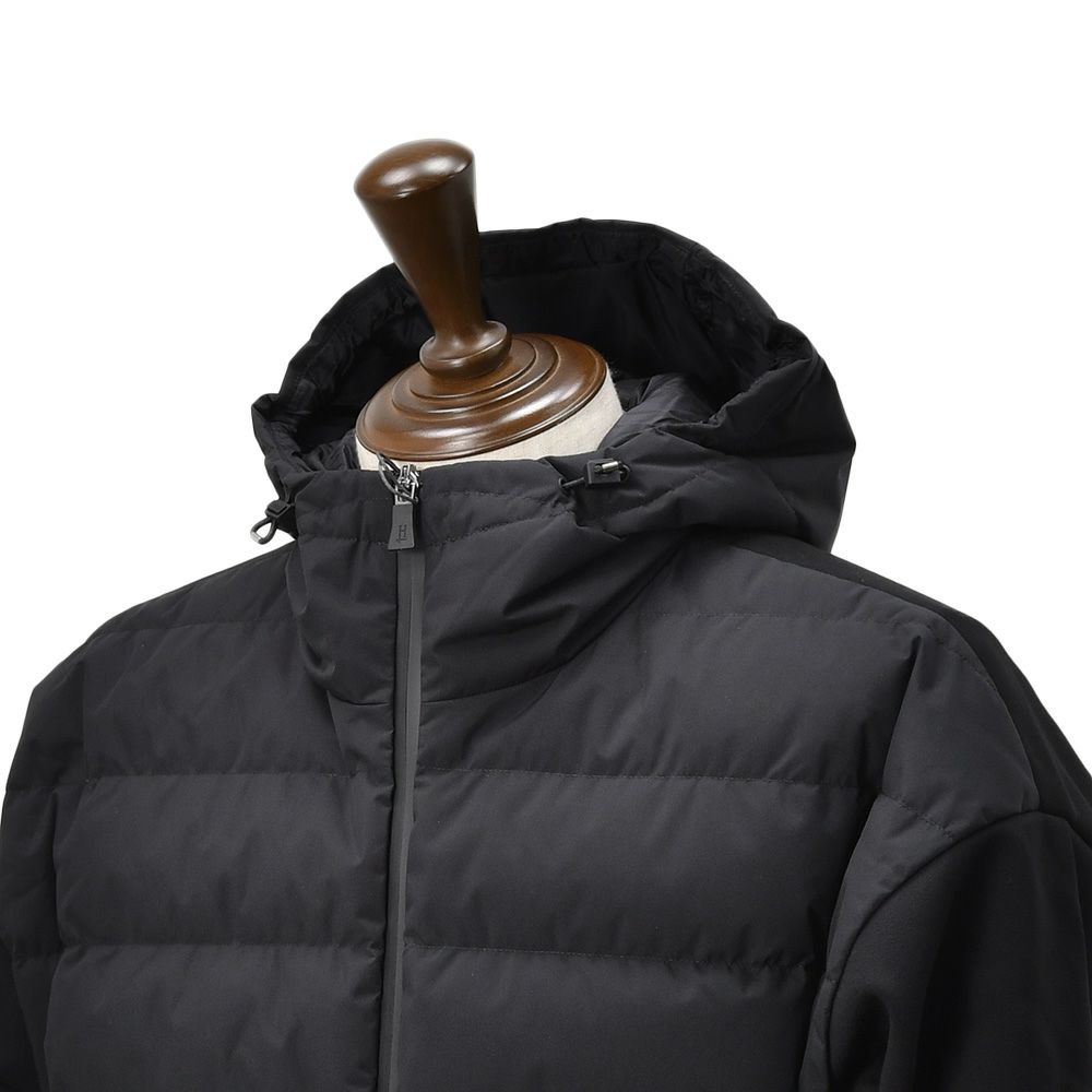 【ポイント8倍11/119:59まで】ヘルノHERNOハイブリッドダウンメンズJP000112Uポリエステルブラック黒切り替えデザイン一体型フードルーズフィット国内正規品でらでら公式ブランド