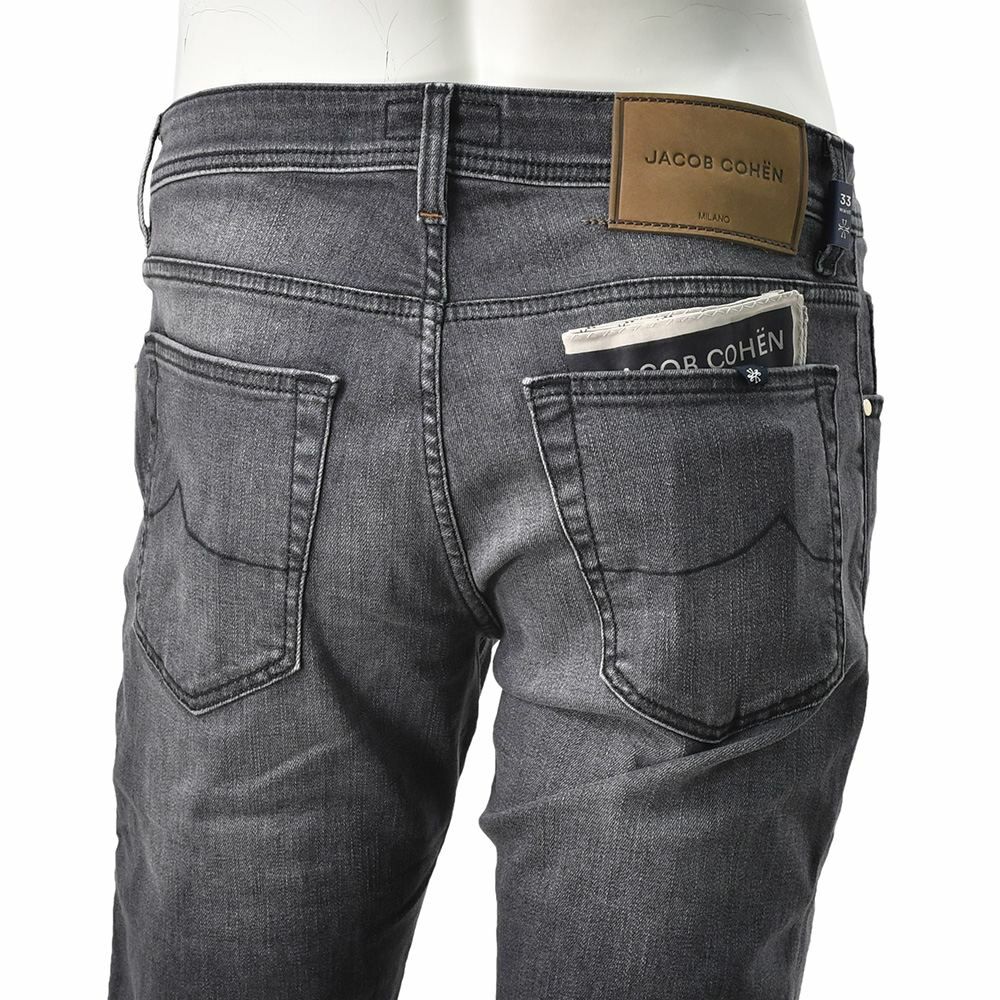 ヤコブコーエンJACOBCOHENストレッチデニムメンズNICKSLIMニックスリムコットンポリブラックウォッシュレザーバックパッチ国内正規品でらでら公式ブランド
