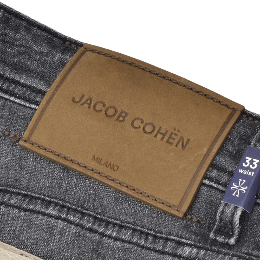 ヤコブコーエンJACOBCOHENストレッチデニムメンズNICKSLIMニックスリムコットンポリブラックウォッシュレザーバックパッチ国内正規品でらでら公式ブランド