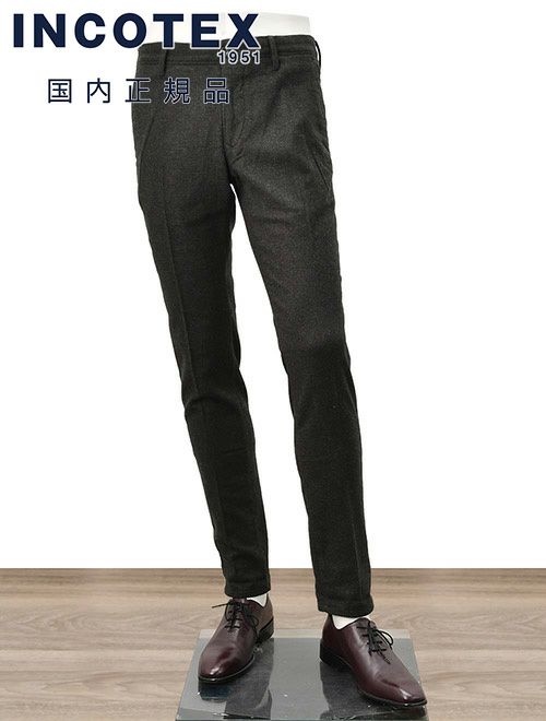 インコテックスINCOTEXウールスラックスメンズ100番ウールポリエステル混紡チャコールグレーノープリーツフランネル国内正規品でらでら公式ブランド