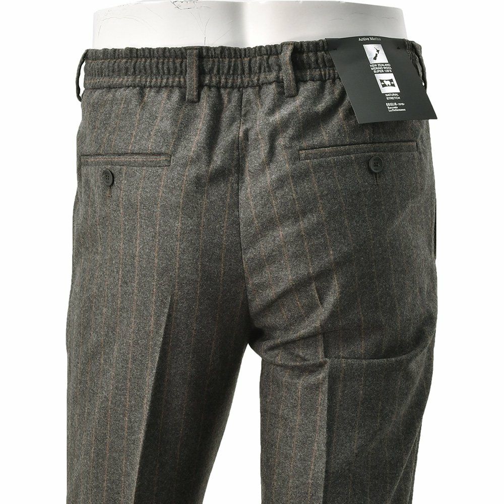 ブリリアBRIGLIA1949イージースラックスメンズストライプ柄パンツMONTREALPモントレアルアクティブメリノウールチャコール×ブラウンリラックステーパードバックシャーリング仕様国内正規品でらでら公式ブランド