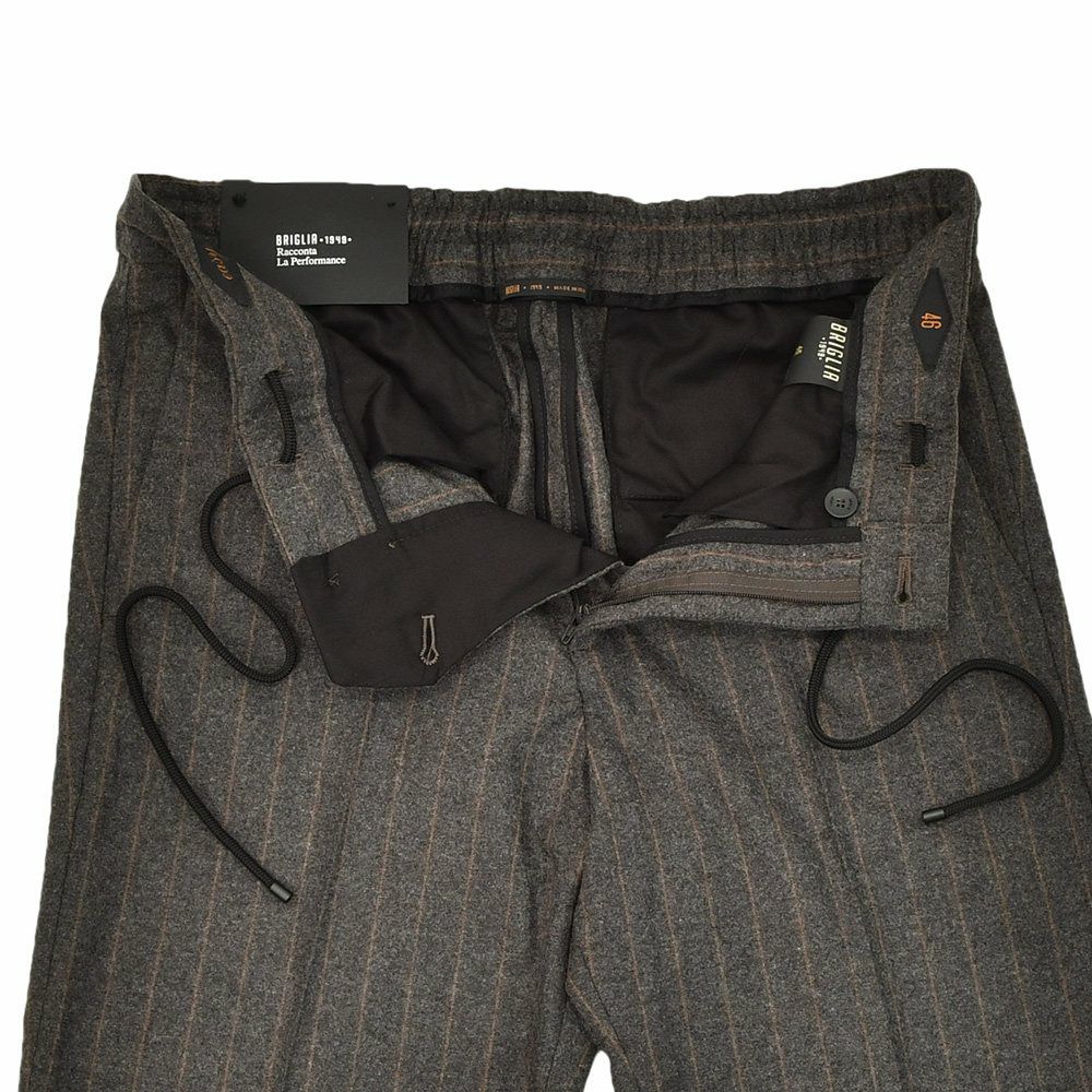 ブリリアBRIGLIA1949イージースラックスメンズストライプ柄パンツMONTREALPモントレアルアクティブメリノウールチャコール×ブラウンリラックステーパードバックシャーリング仕様国内正規品でらでら公式ブランド