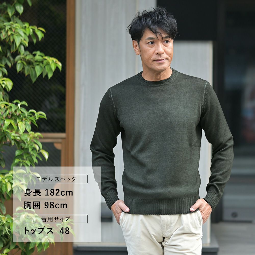 フィリッポデローレンティスFILIPPODELAURENTIISクルーネックニットメンズミドルゲージ製品染めエクストラファインメリノウールダークオリーブリブ仕様10ゲージ国内正規品でらでら公式ブランド