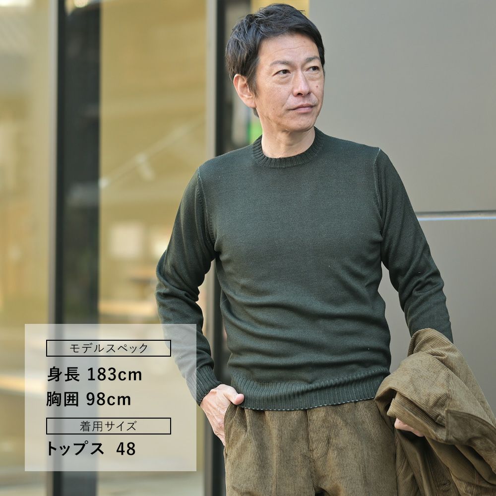 フィリッポデローレンティスFILIPPODELAURENTIISクルーネックニットメンズミドルゲージ製品染めエクストラファインメリノウールダークオリーブリブ仕様10ゲージ国内正規品でらでら公式ブランド