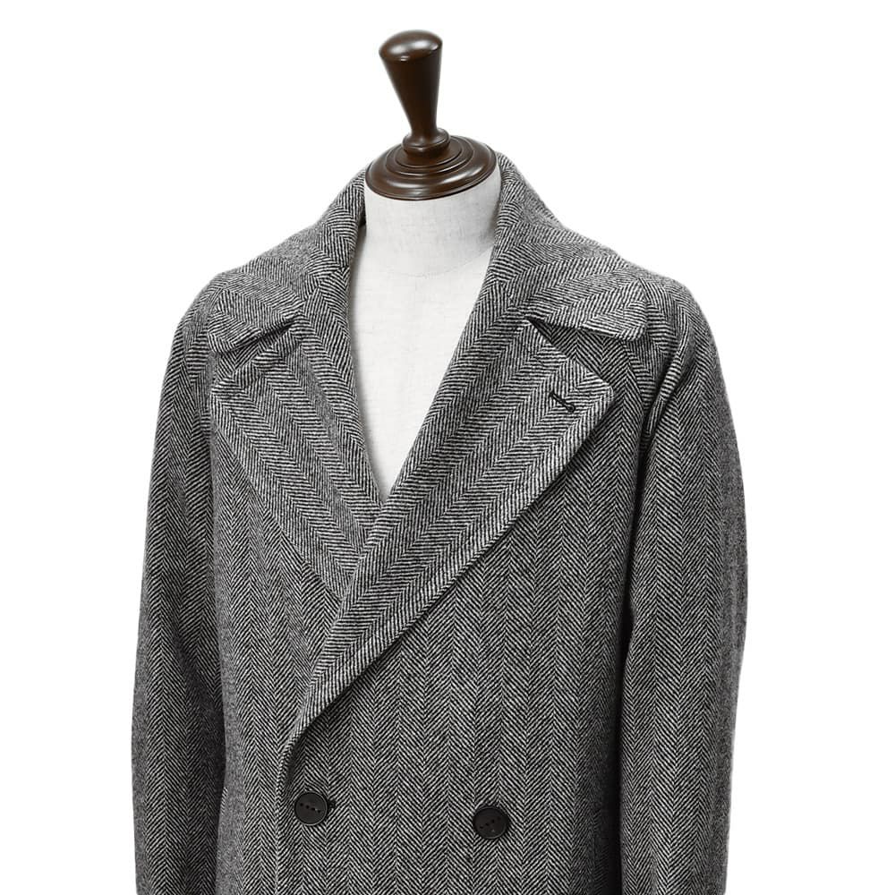 【ポイント8倍11/119:59まで】イーヴォHEVOベルテッドコートメンズタイロッケンBRINDISIブリンディジダブルブレストへリンボン柄ウールブラック×ホワイトラグランスリーブリラックスフィット国内正規品でらでら公式ブランド